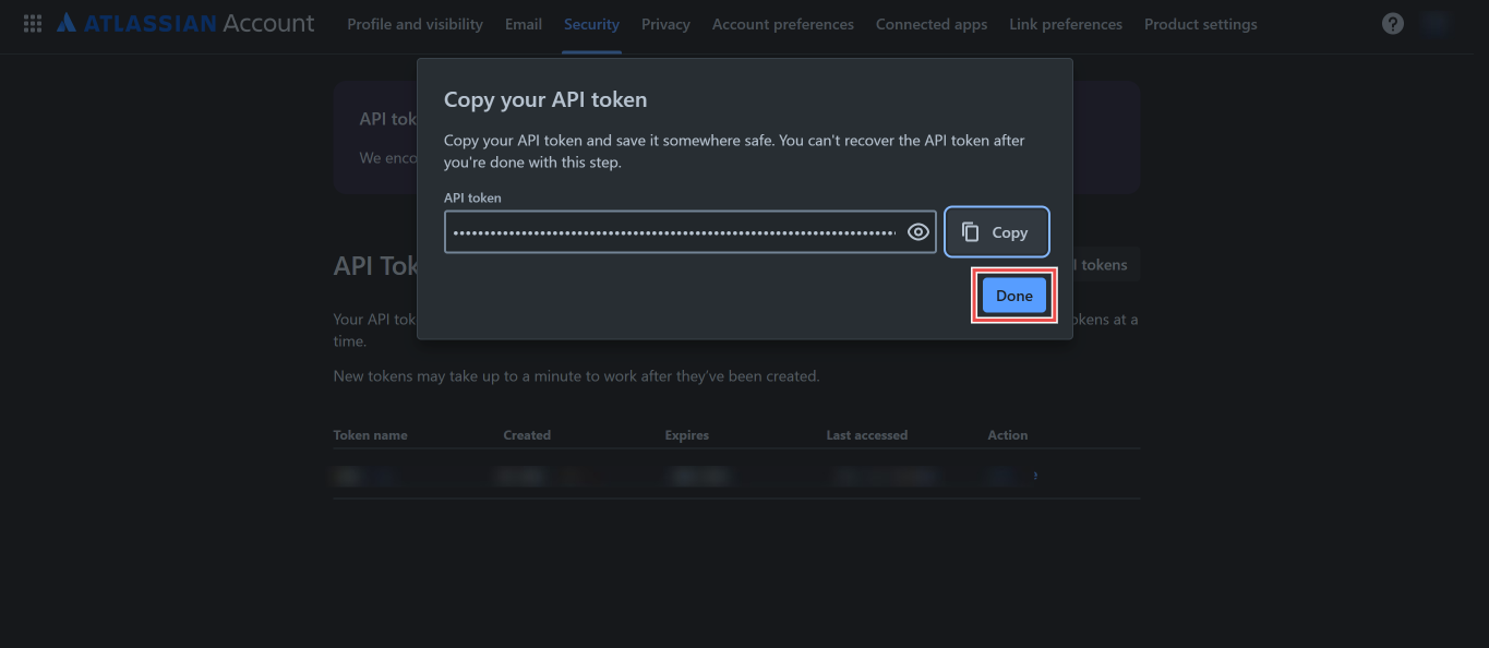 Atlassian copy API token dialog