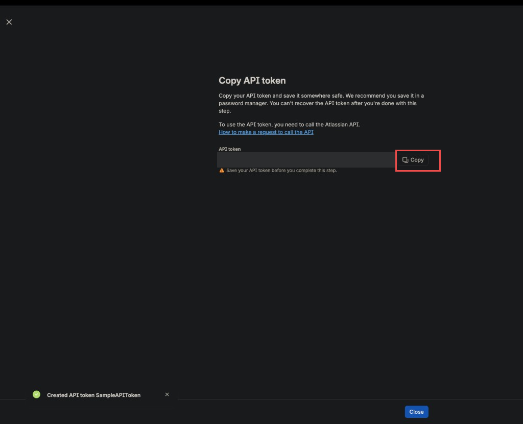 Atlassian copy API token dialog