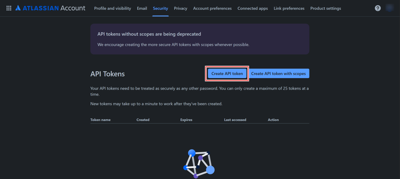 Atlassian API token management page