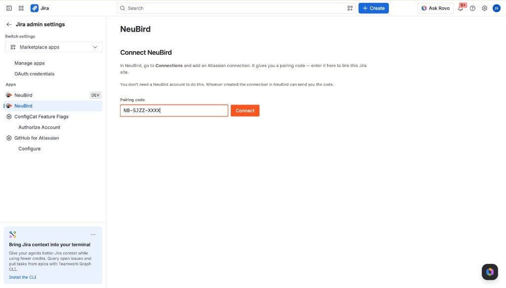 Enter the pairing code in the NeuBird Jira app