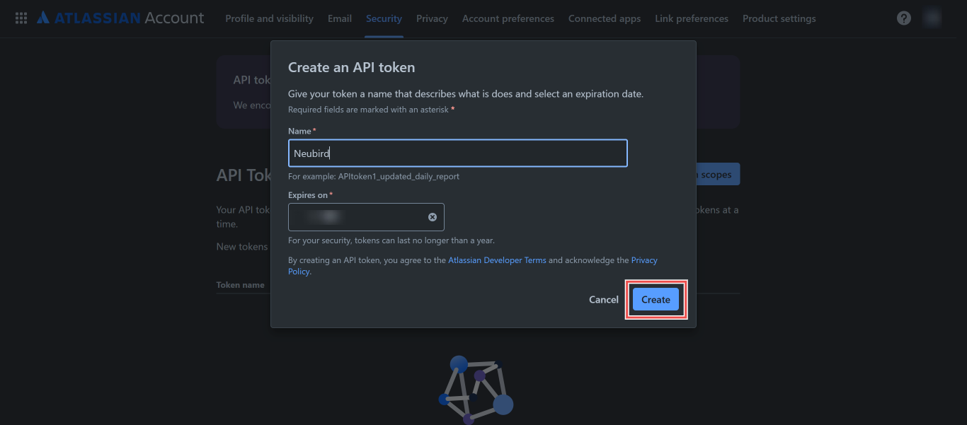 Atlassian create API token dialog