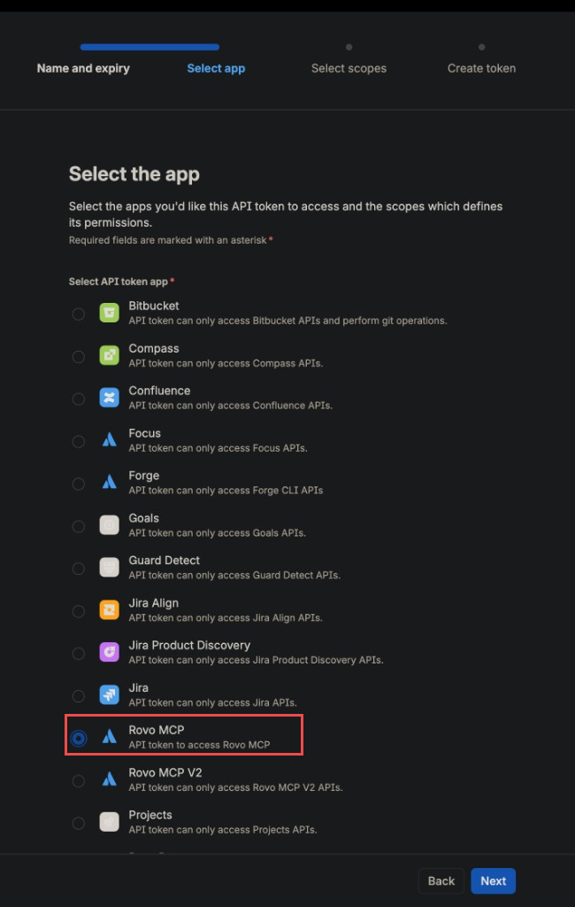 Select the app step, with Rovo MCP highlighted