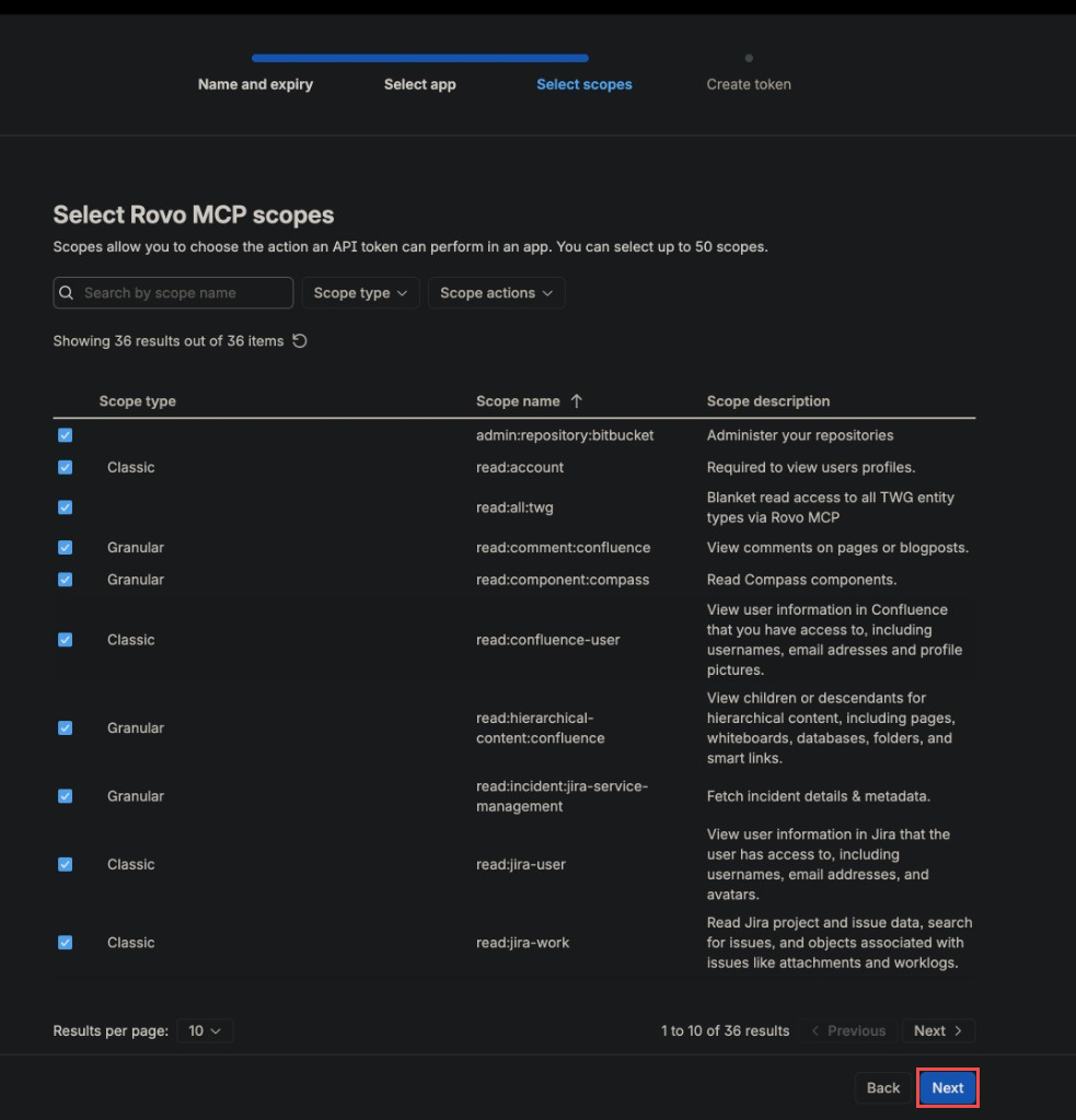 Select Rovo MCP scopes step