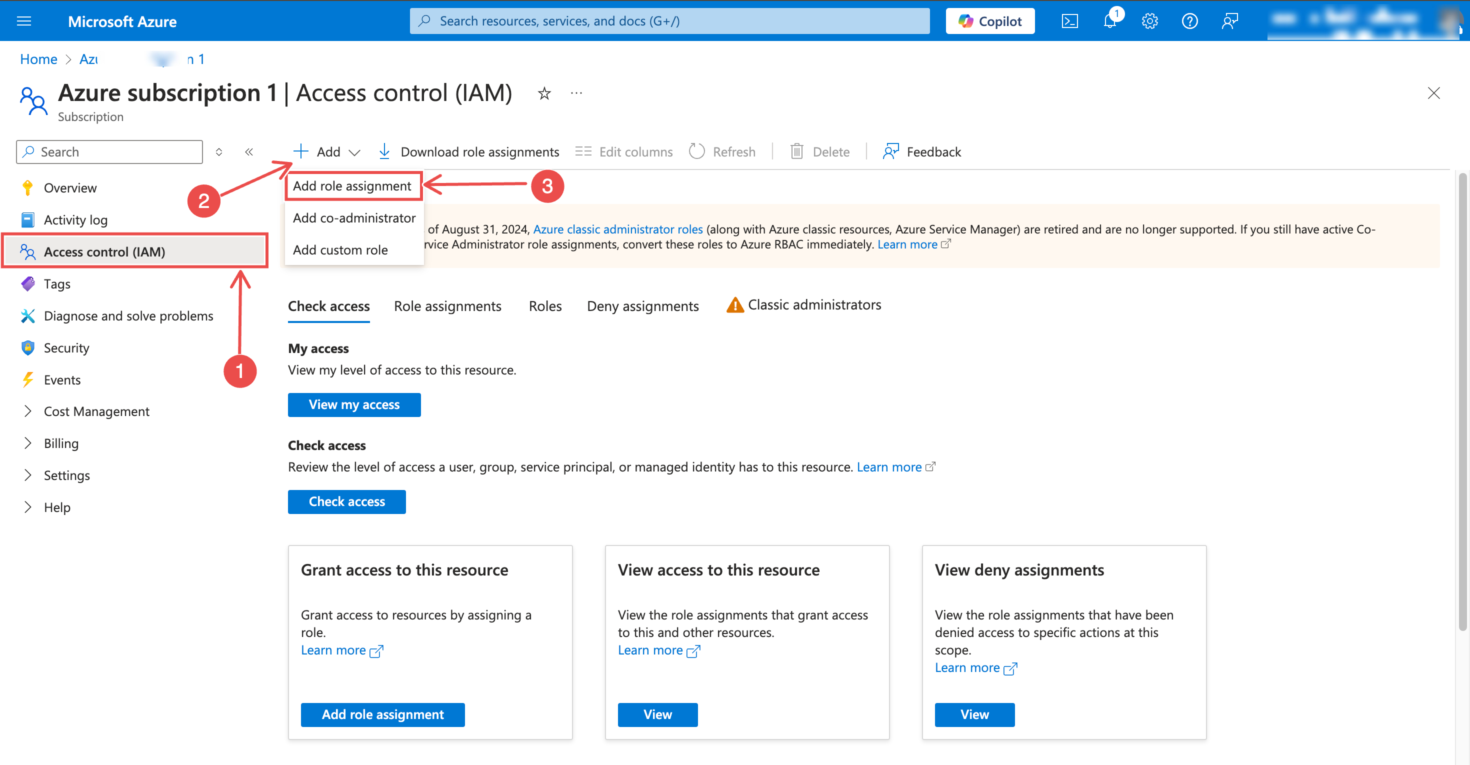 Access control (IAM) page with Add role assignment button