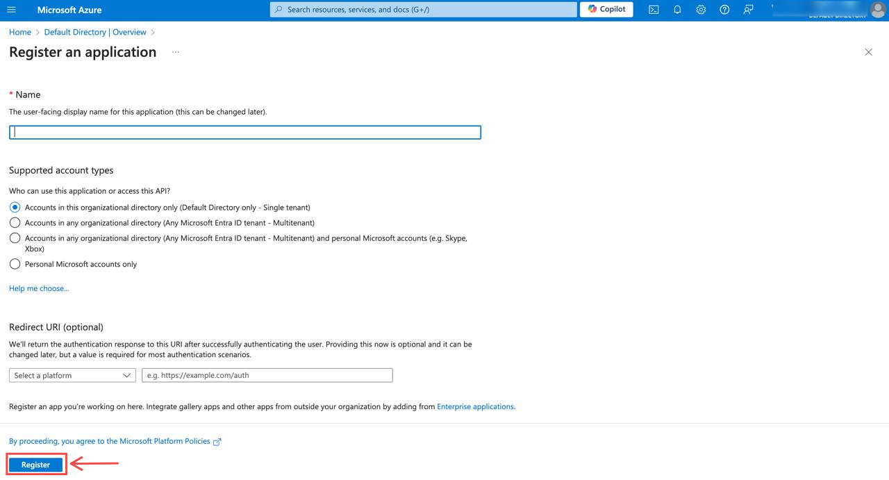 App registration form with name and account type fields