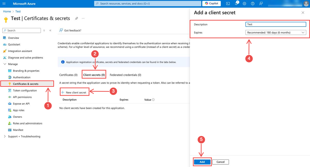 Certificates & Secrets page with New client secret button