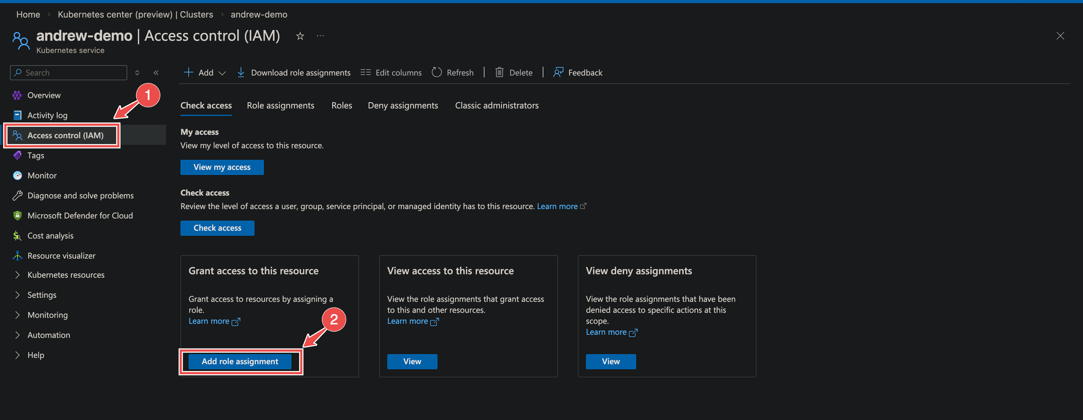AKS cluster Access control (IAM) page