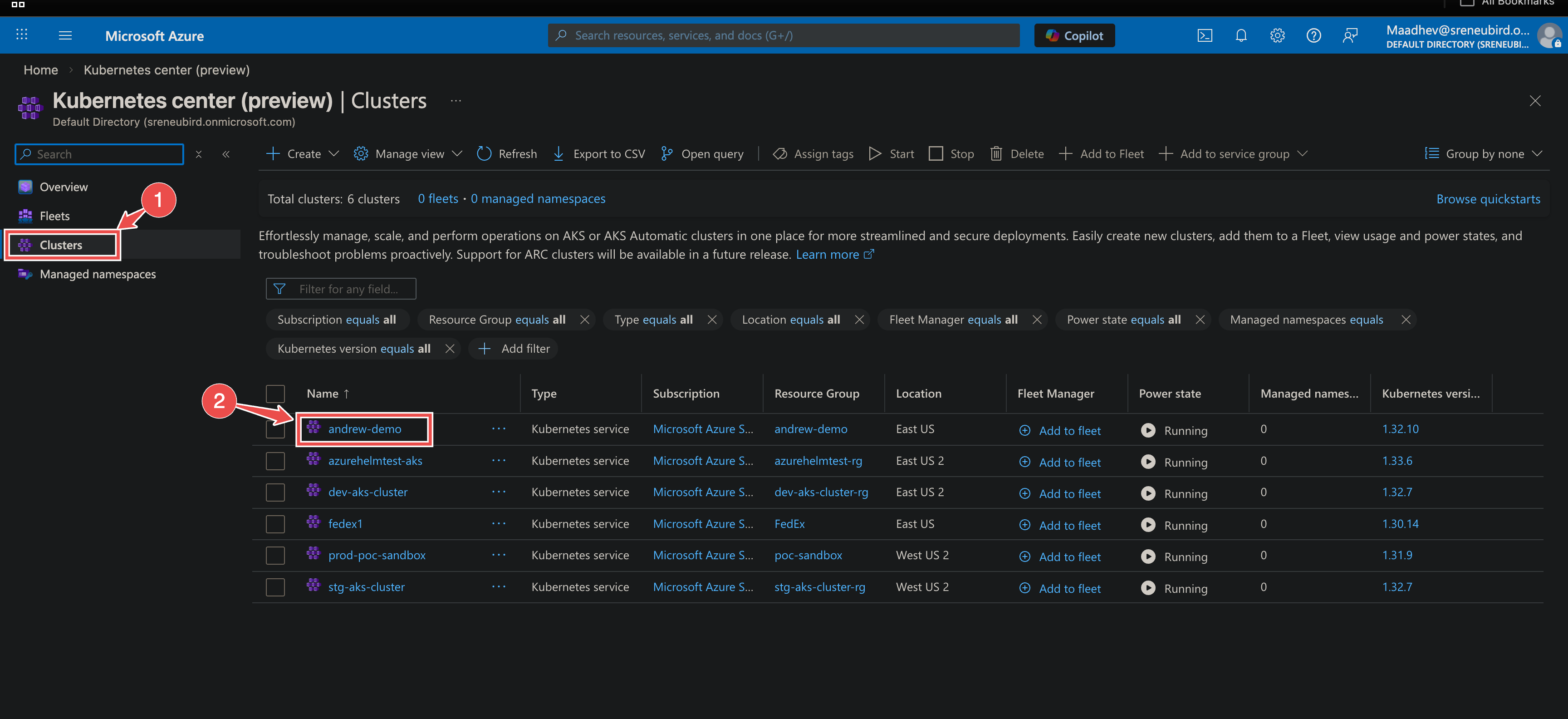 Azure Kubernetes services list