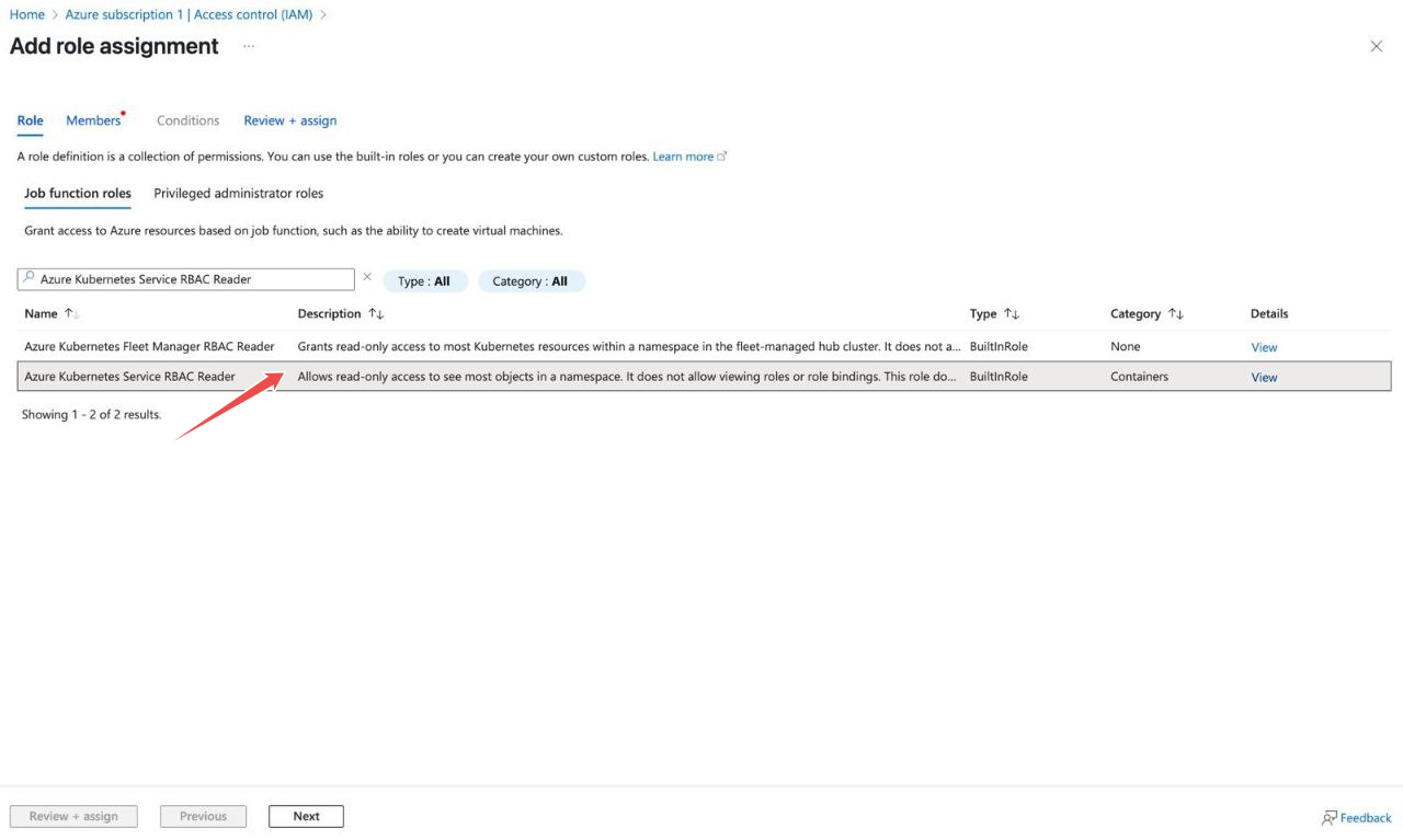 AKS RBAC Reader role selection