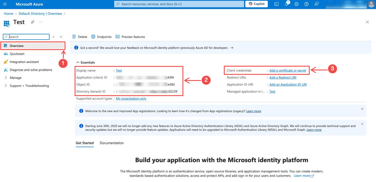 Application overview page showing the Certificates & Secrets link