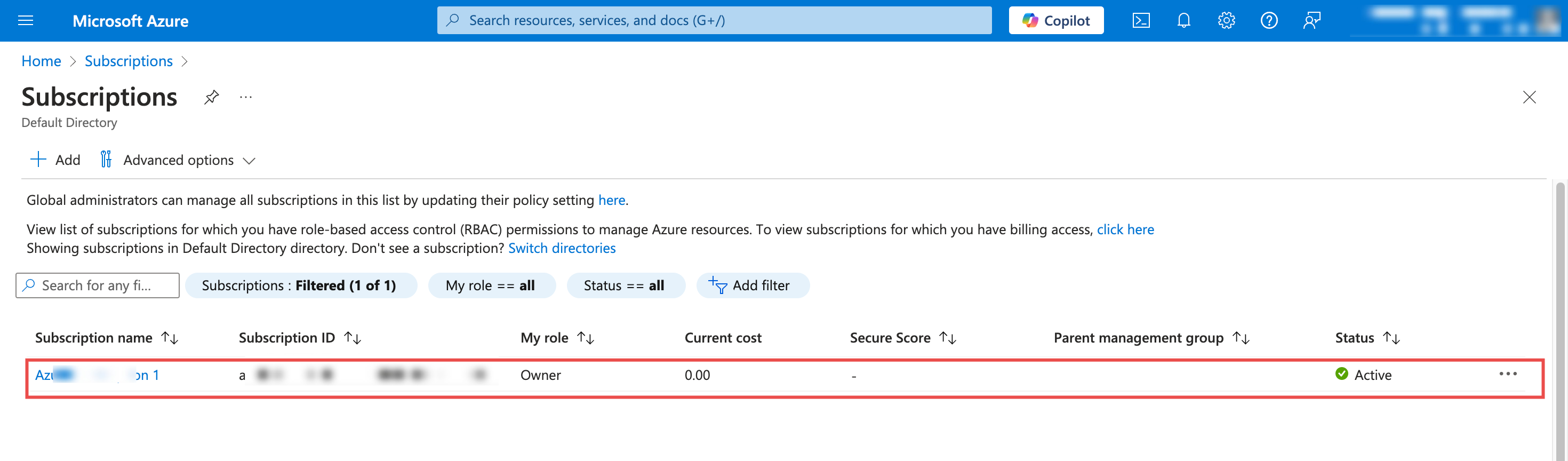 Azure Subscriptions list in the portal