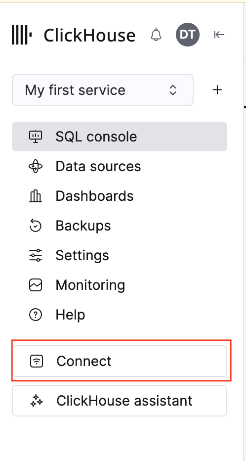 ClickHouse service sidebar with Connect highlighted