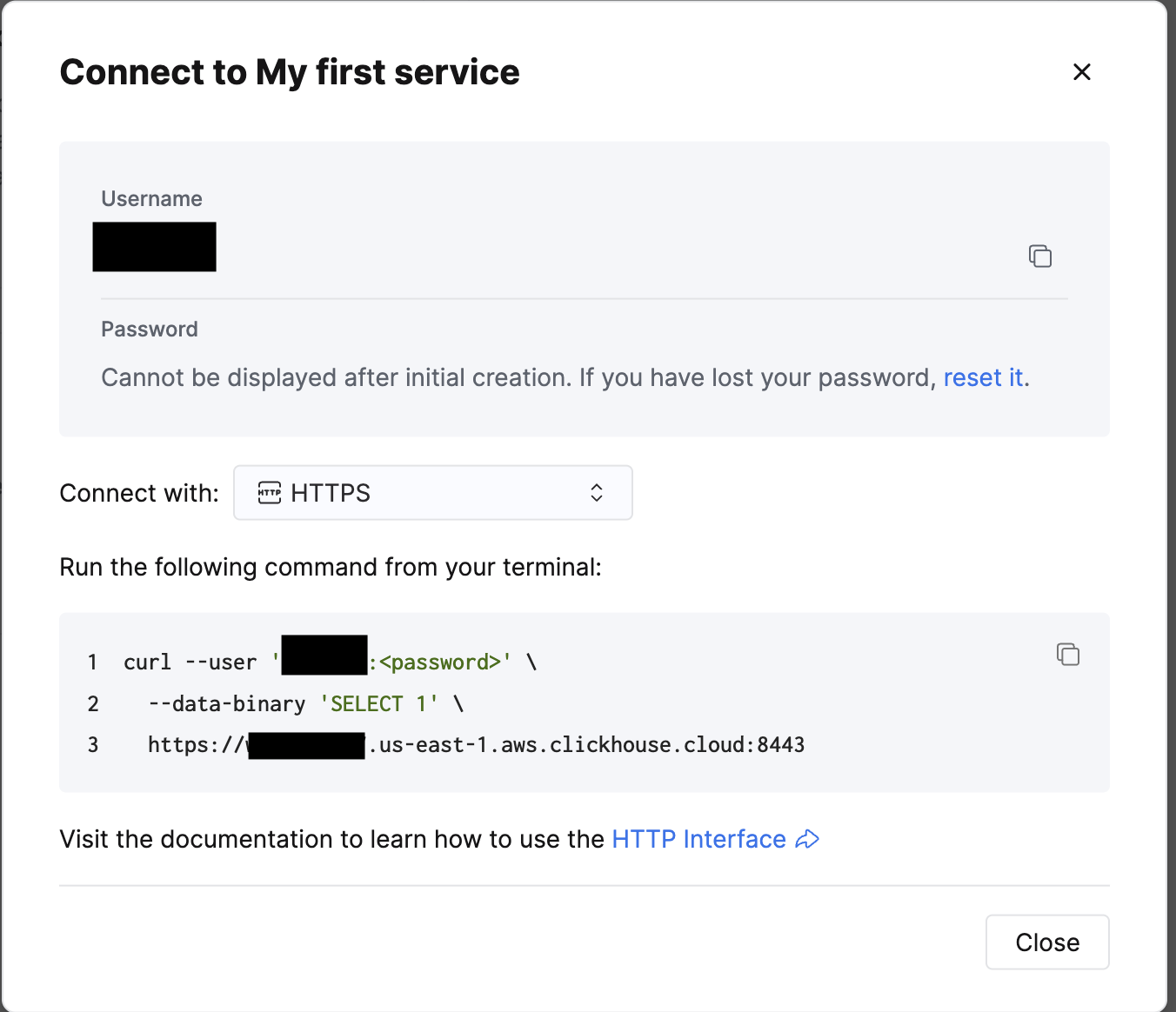 ClickHouse Connect dialog showing the HTTPS endpoint and username