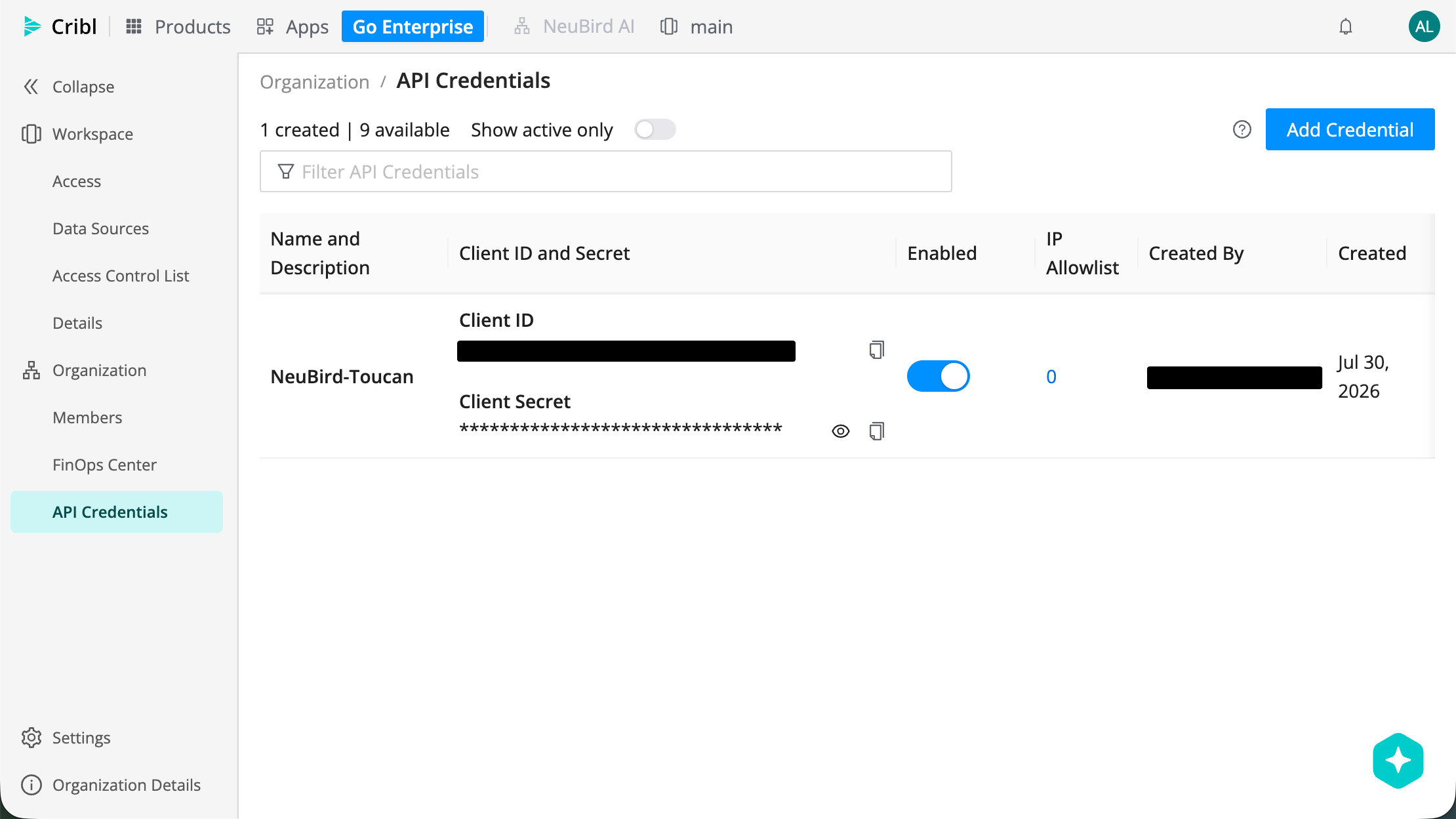 API Credentials page with the Add Credential button and a created credential showing its Client ID and Client Secret