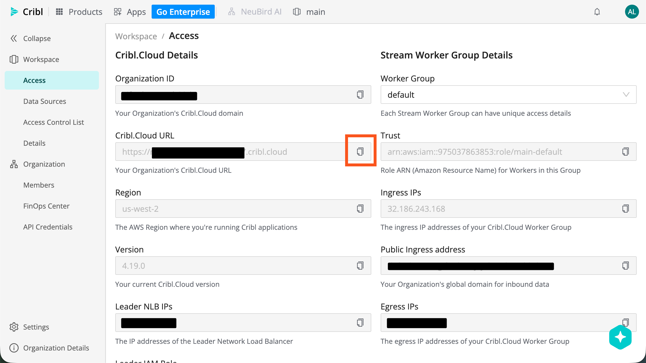 Workspace Access page with the Cribl.Cloud URL copy button highlighted