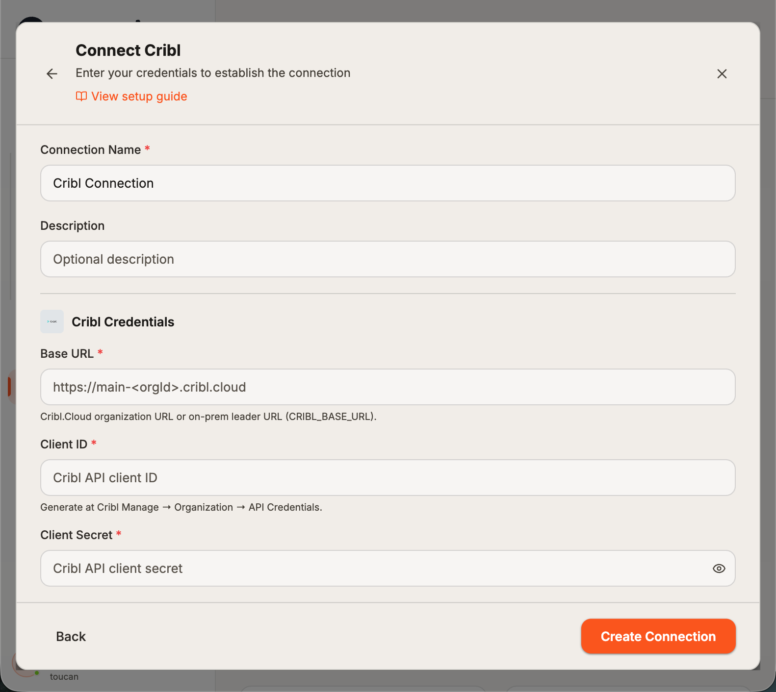 NeuBird Connect Cribl dialog with Connection Name, Base URL, Client ID, and Client Secret fields