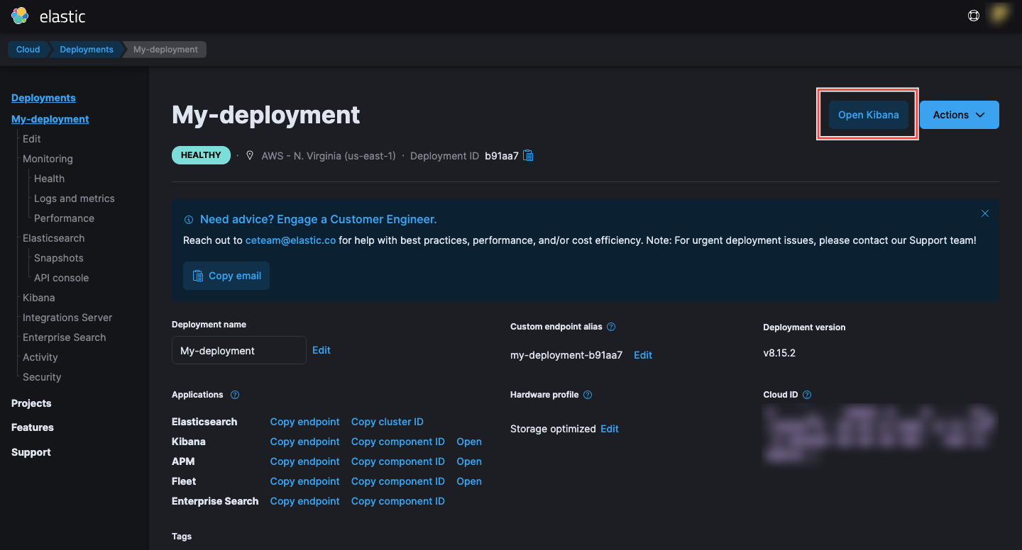 Elastic Cloud deployment page with Open Kibana button