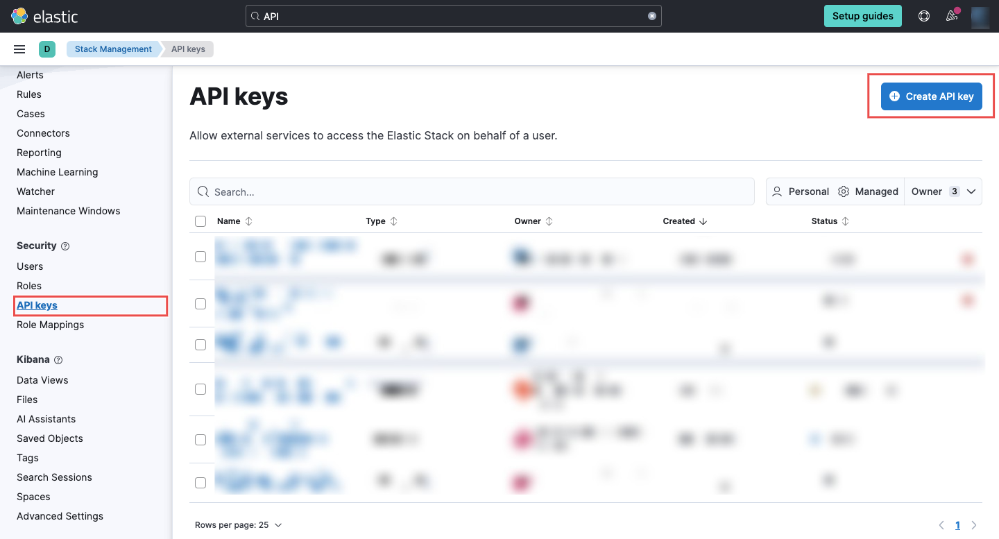 Security settings page with Create API key button