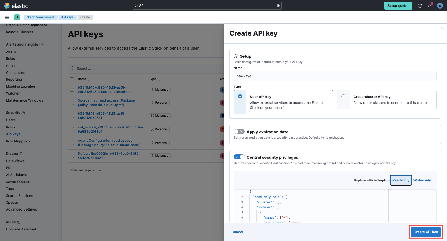 API key creation form with name field