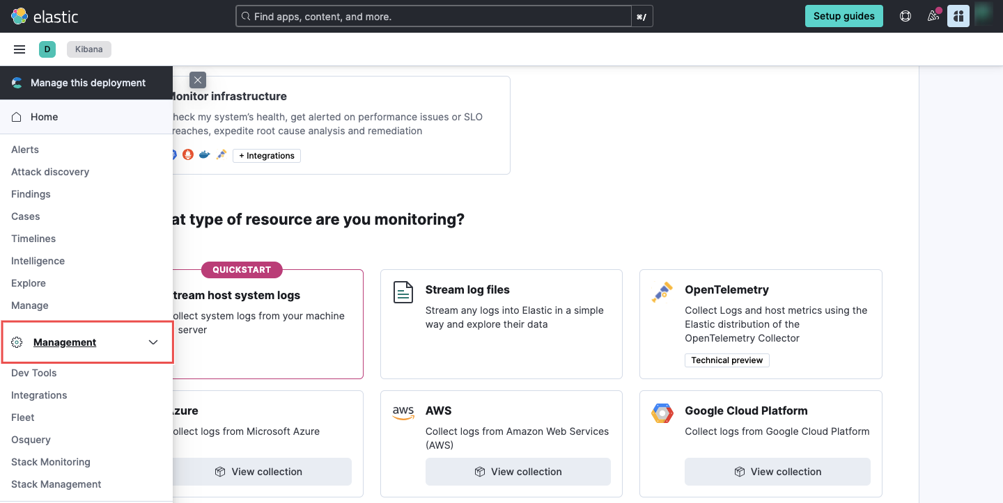 Kibana sidebar with Management section highlighted