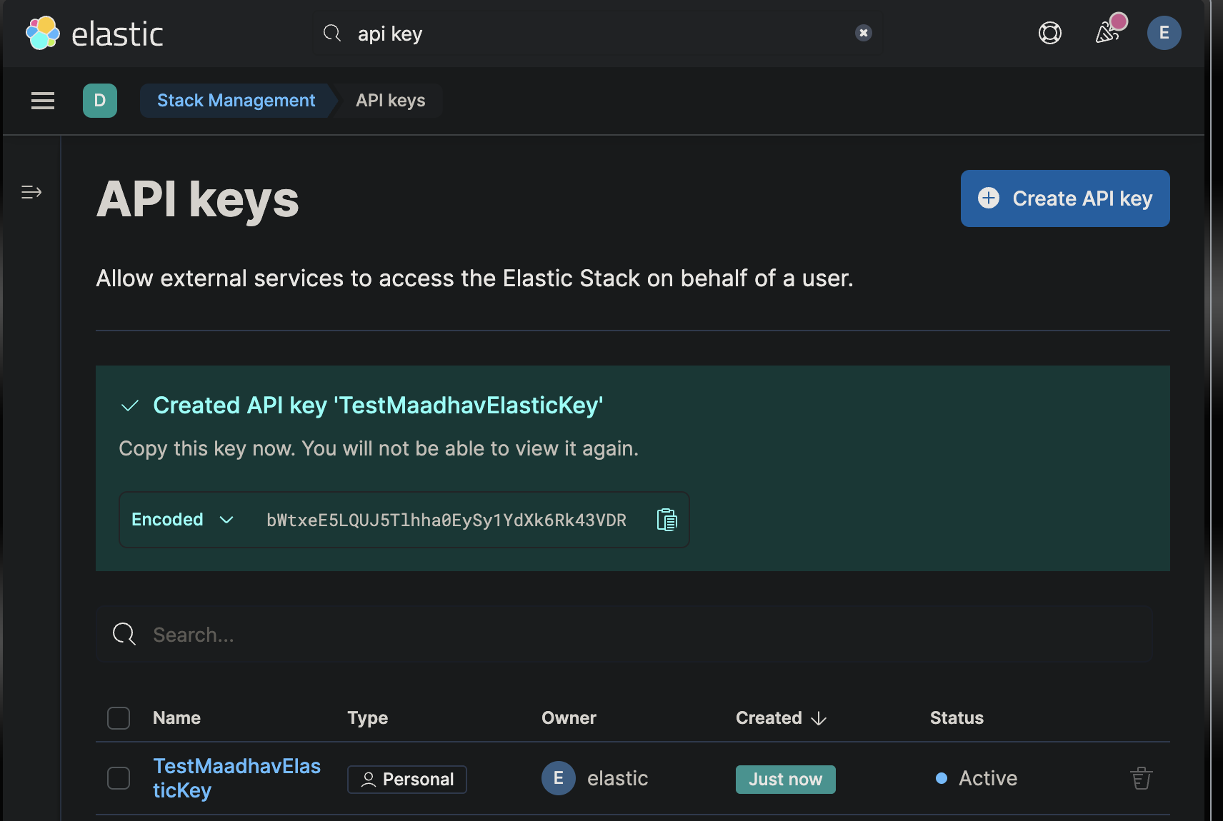 Stack Management API keys page, reached by searching "api key" in the Kibana top bar