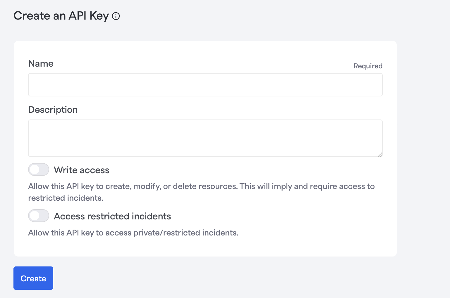 FireHydrant API key creation form with write access toggle
