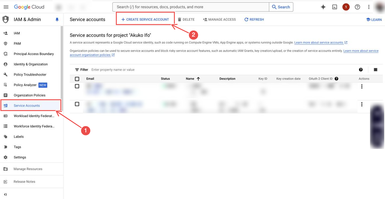 Service Accounts page with Create Service Account button