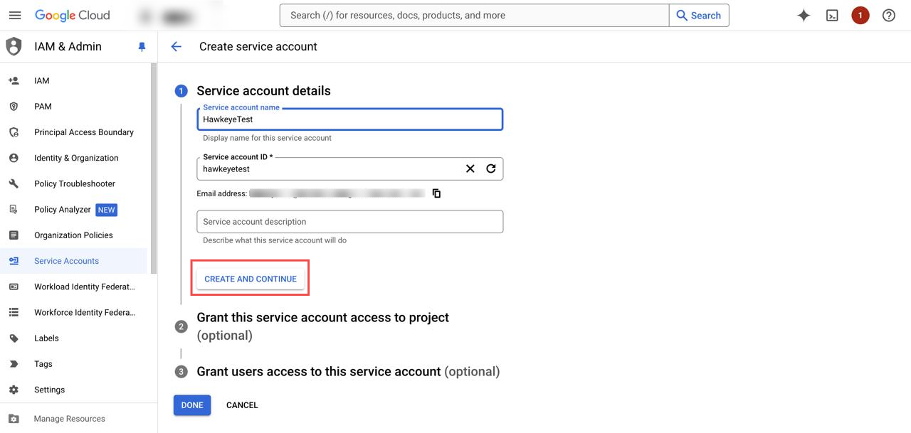 Service account creation form with name and description fields