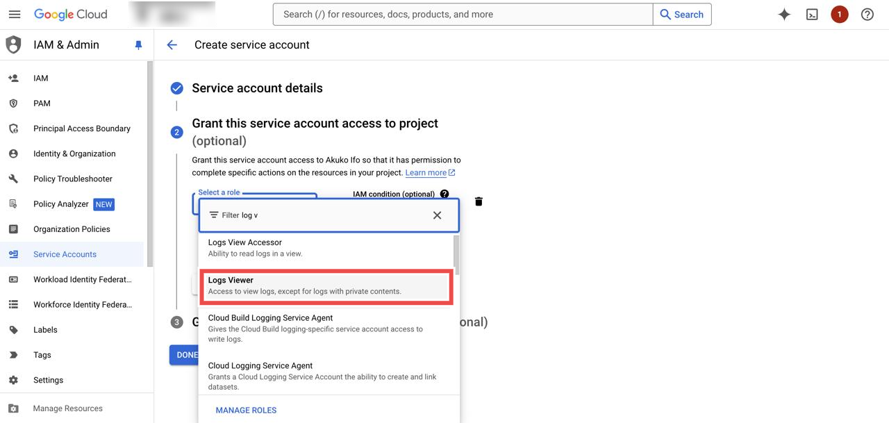 Role assignment dialog for the service account