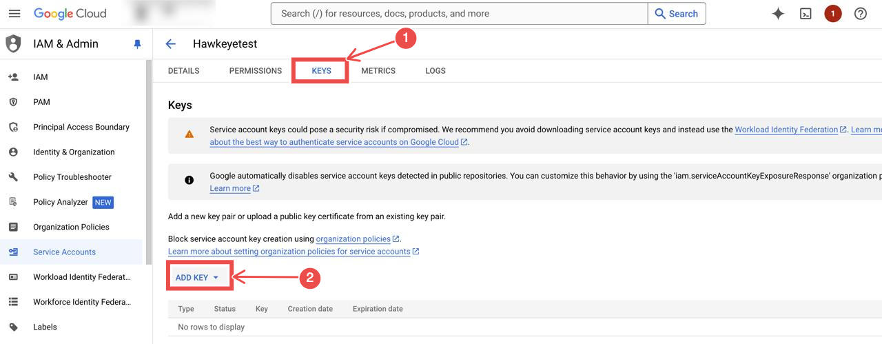 Key creation dialog with JSON format selected