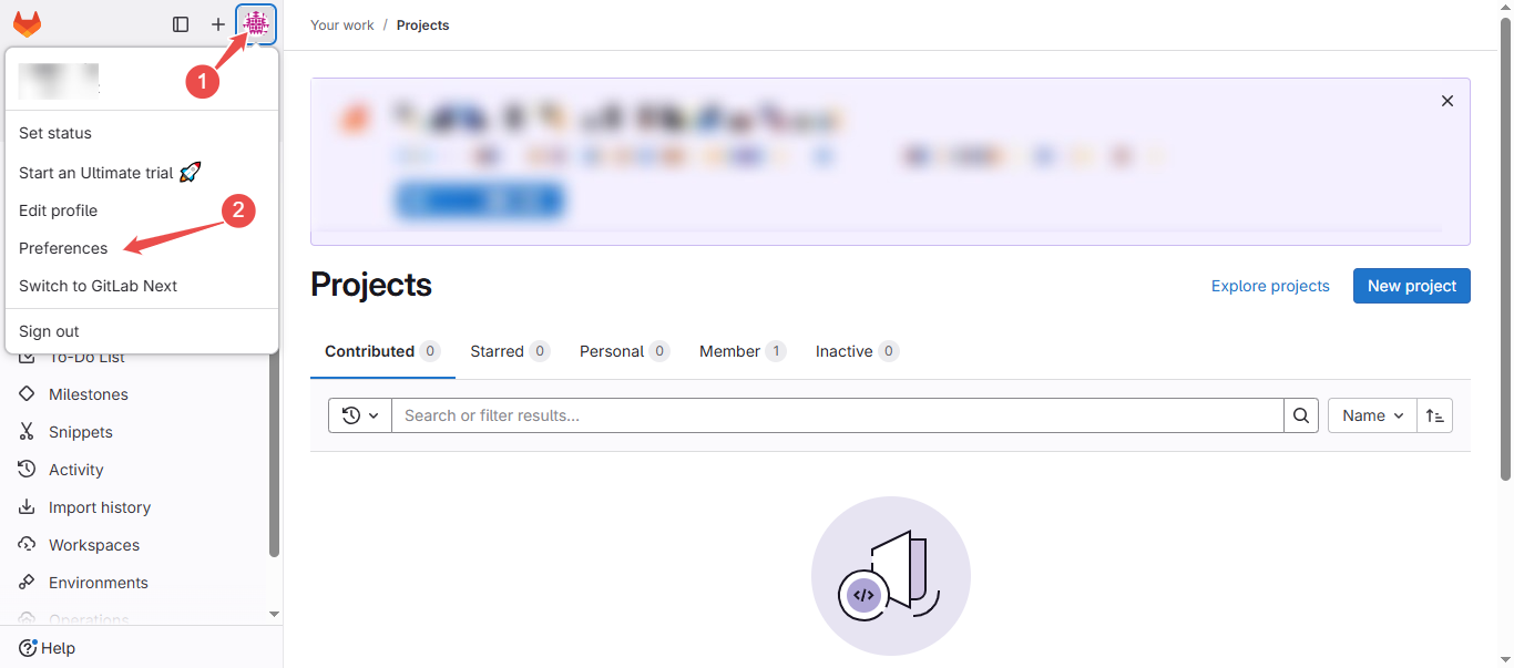 GitLab user profile dropdown showing Preferences option