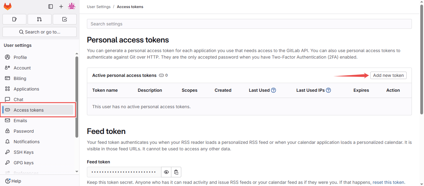 Access Tokens page with Add new token button