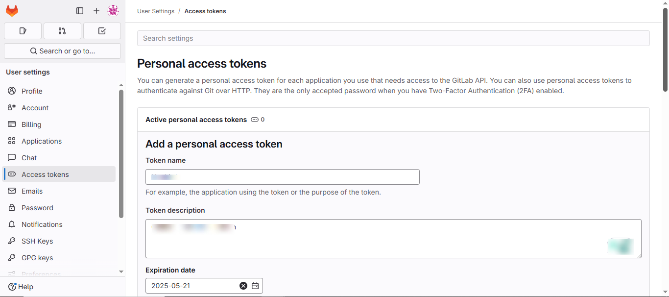 Token creation form with name and description fields