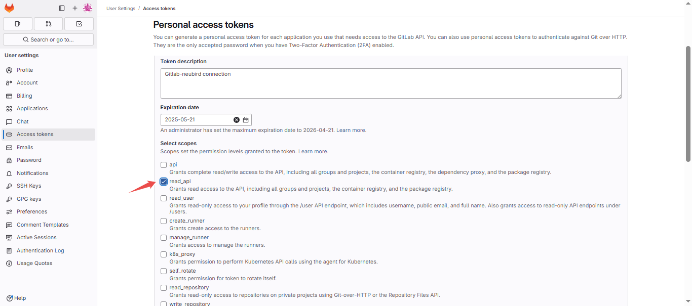 Scope selection with read_api checkbox
