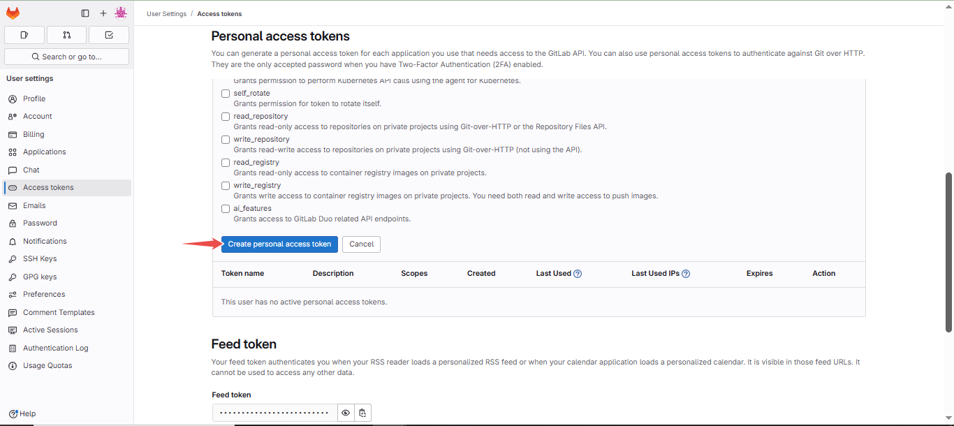 Create personal access token button