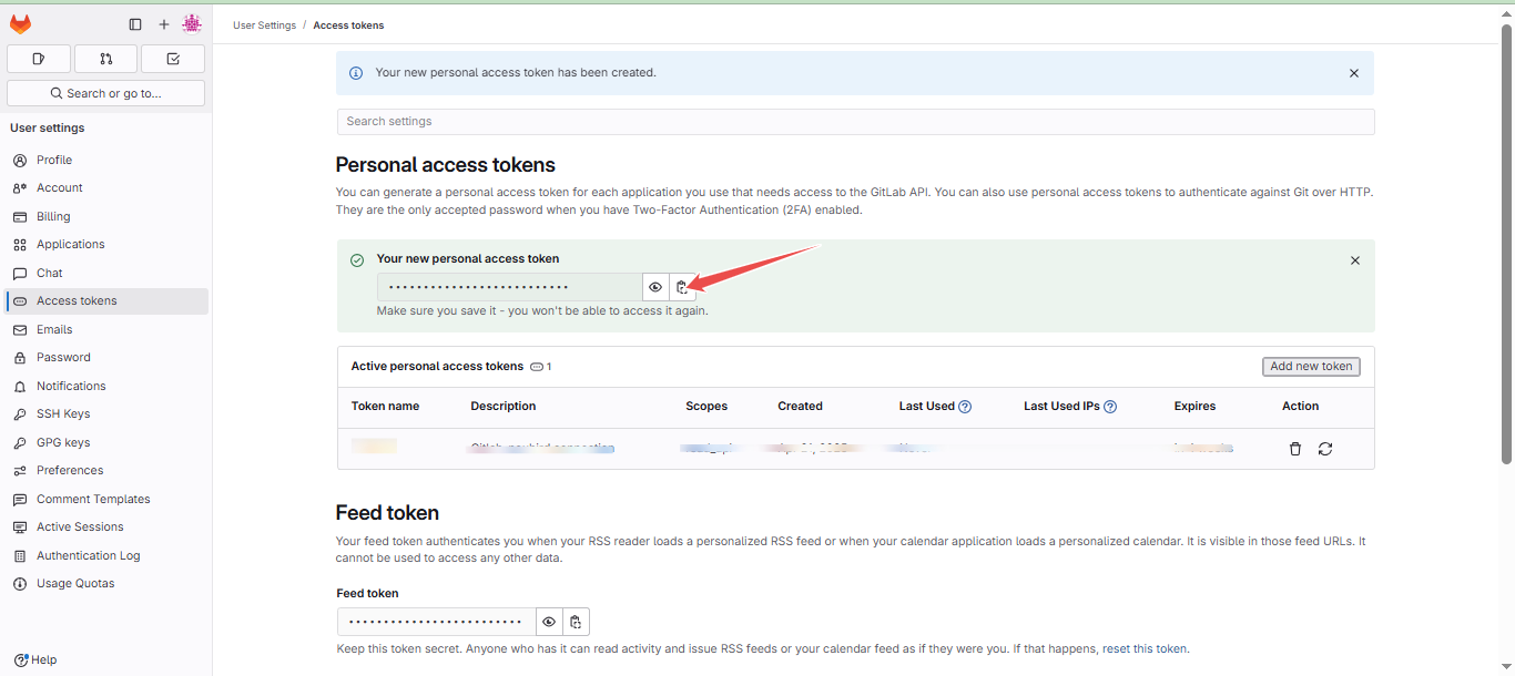 Newly created token with copy button