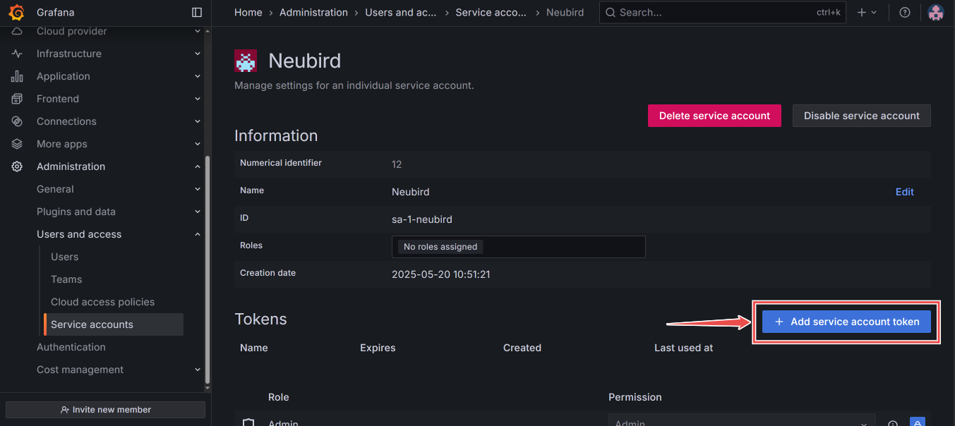 Service account detail page with Add service accounts token button