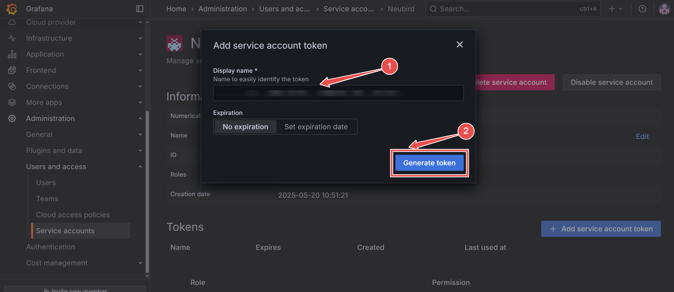 Token generation dialog with display name field