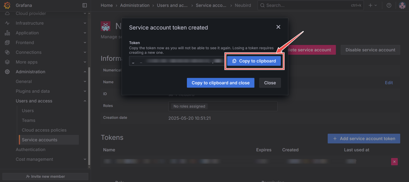 Generated token displayed with copy button