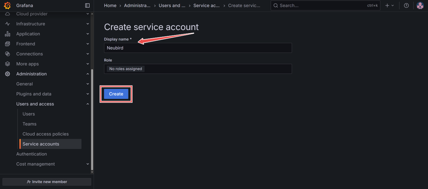 Service account creation form with display name field