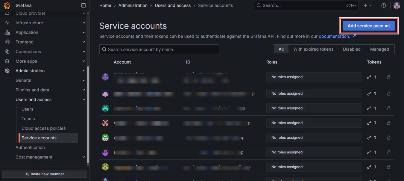 Service Accounts page with Add Service Accounts button