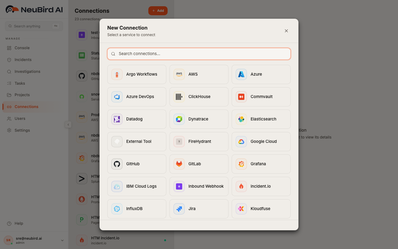New Connection dialog showing a searchable grid of available service types