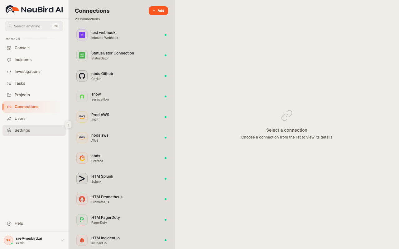 Connections page showing integration cards in a grid layout