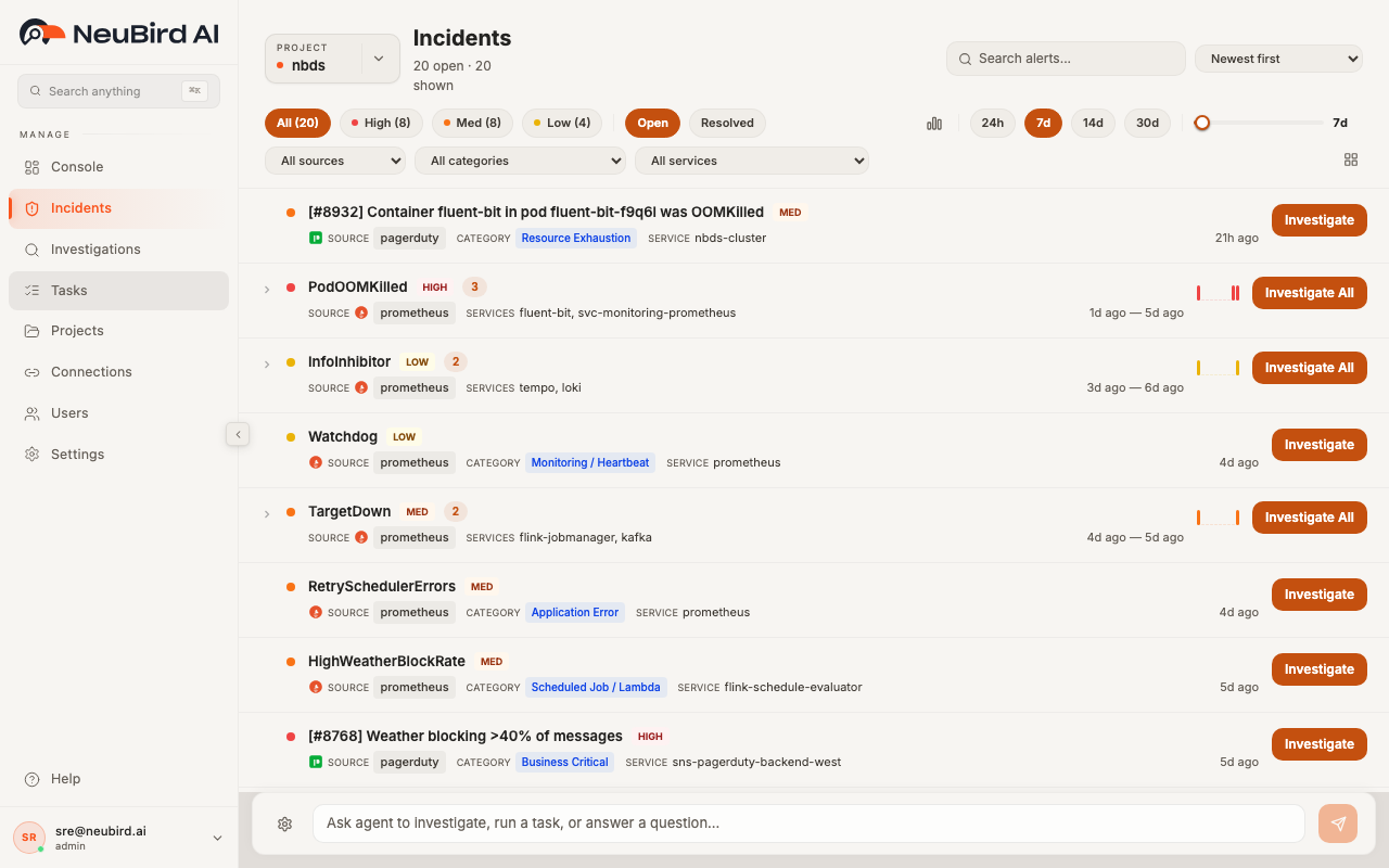 Incidents page with alert rows and Investigate buttons