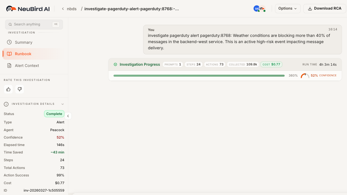 Live investigation runbook showing tool calls and reasoning