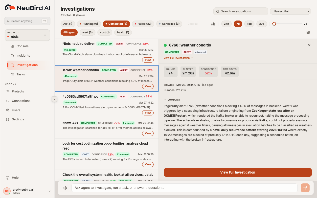 Investigation detail panel showing summary and metadata