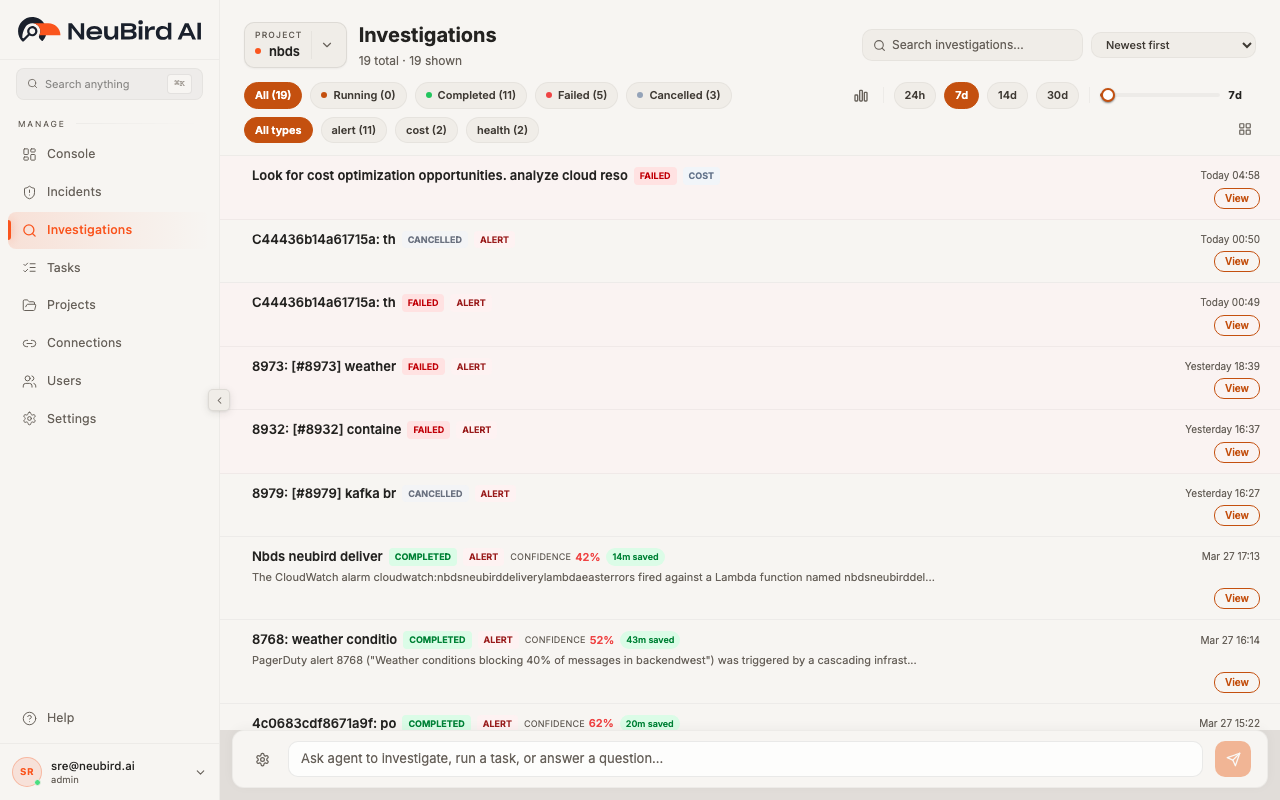 Investigations list with filters and status badges