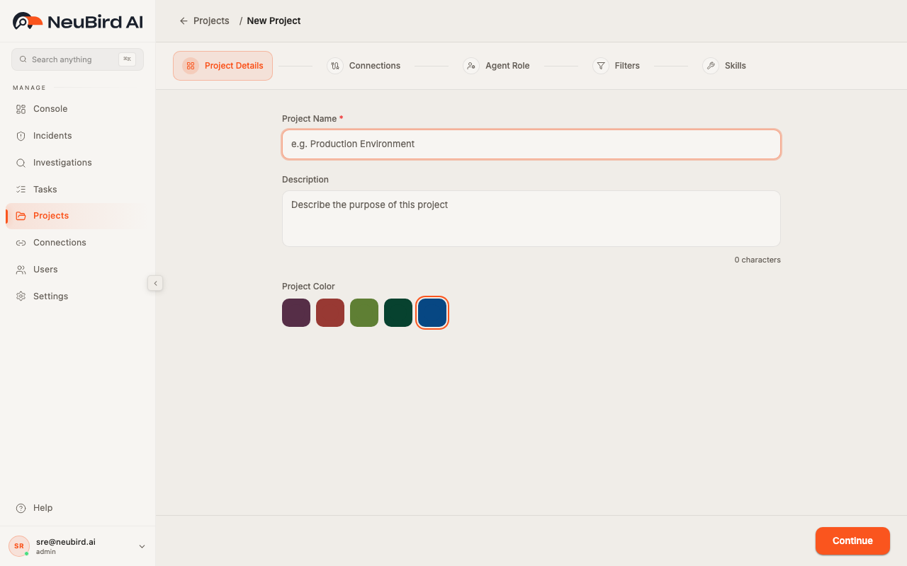 Project creation wizard with connection selection
