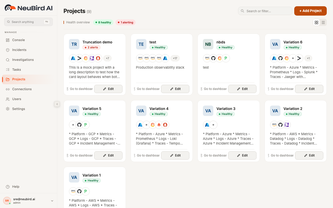 Projects page showing project cards with attached connections