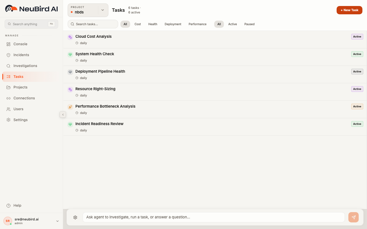 Tasks page showing scheduled investigations